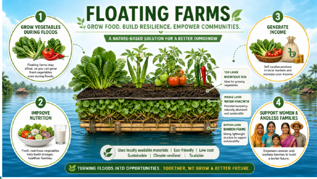 Floating Farms infographic: growing vegetables during floods in the haor
